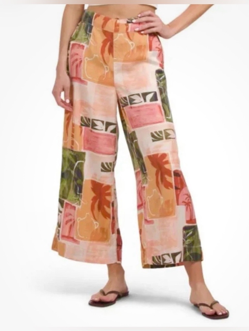 Nicole Miller New York Wide Leg Pants Womens L tropical Printed Cropped Vacation
